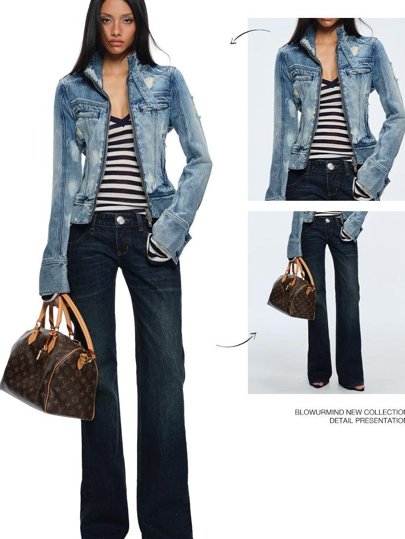 BUM STUDIO Washed Snow Dye Multi Metal Zip Slim Fit Women's Cotton Denim Jackets