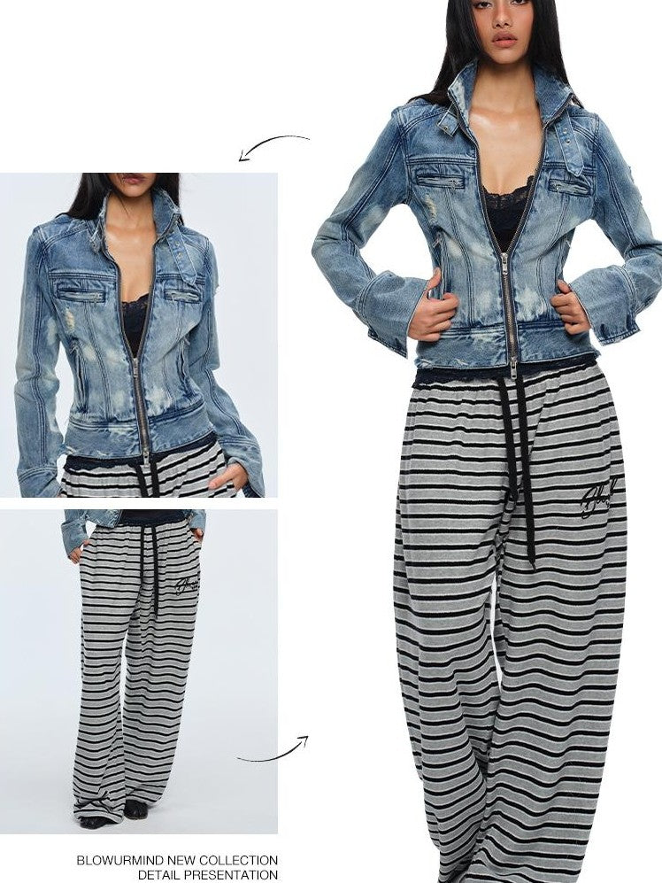 BUM STUDIO Washed Snow Dye Multi Metal Zip Slim Fit Women's Cotton Denim Jackets