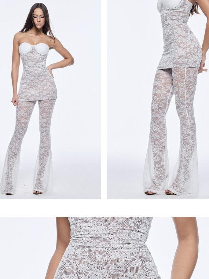 BUM STUDIO White Double Layer Mesh Lace Padded Bust Women's Nylon Bodycon Mini Dresses