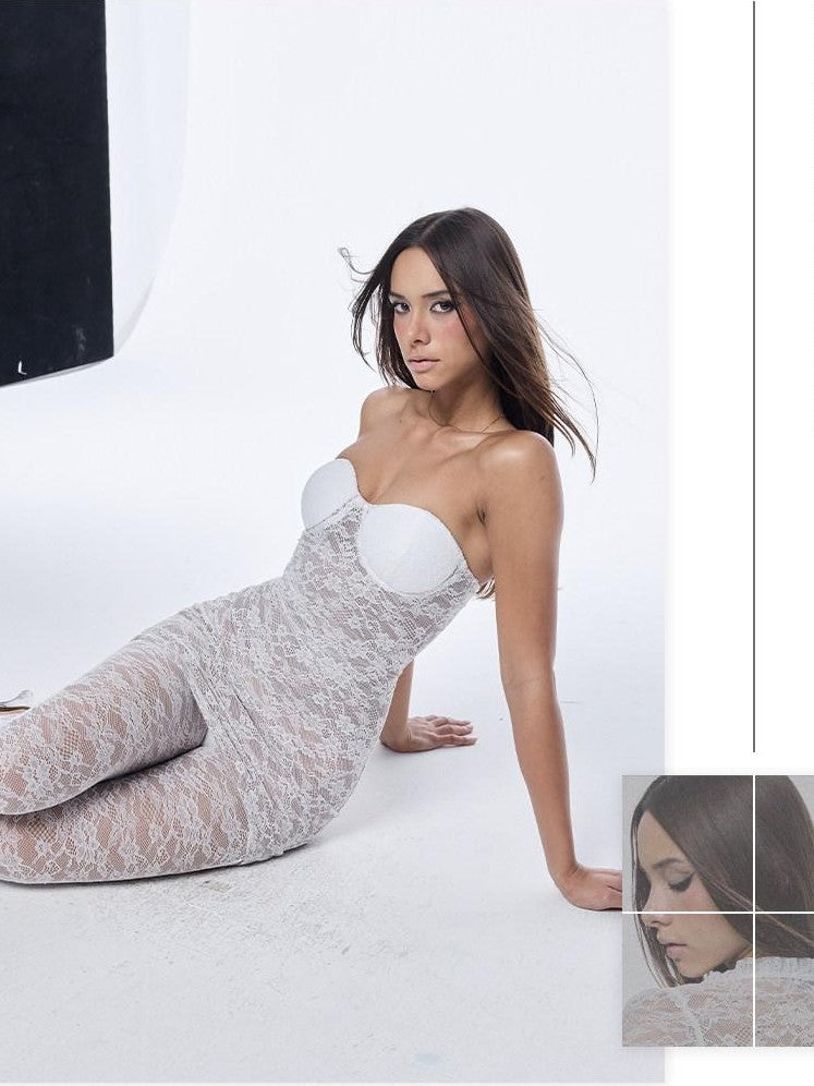 BUM STUDIO White Double Layer Mesh Lace Padded Bust Women's Nylon Bodycon Mini Dresses