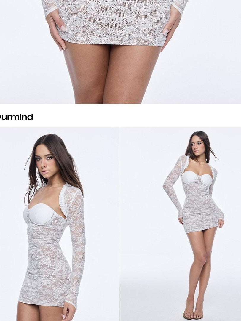 BUM STUDIO White Double Layer Mesh Lace Padded Bust Women's Nylon Bodycon Mini Dresses