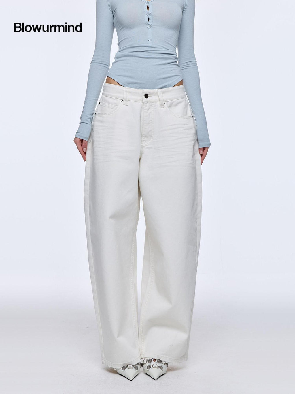 BUM STUDIO White Heavyweight Pleated Distressed Low Rise Women's Cotton Baggy Jeans