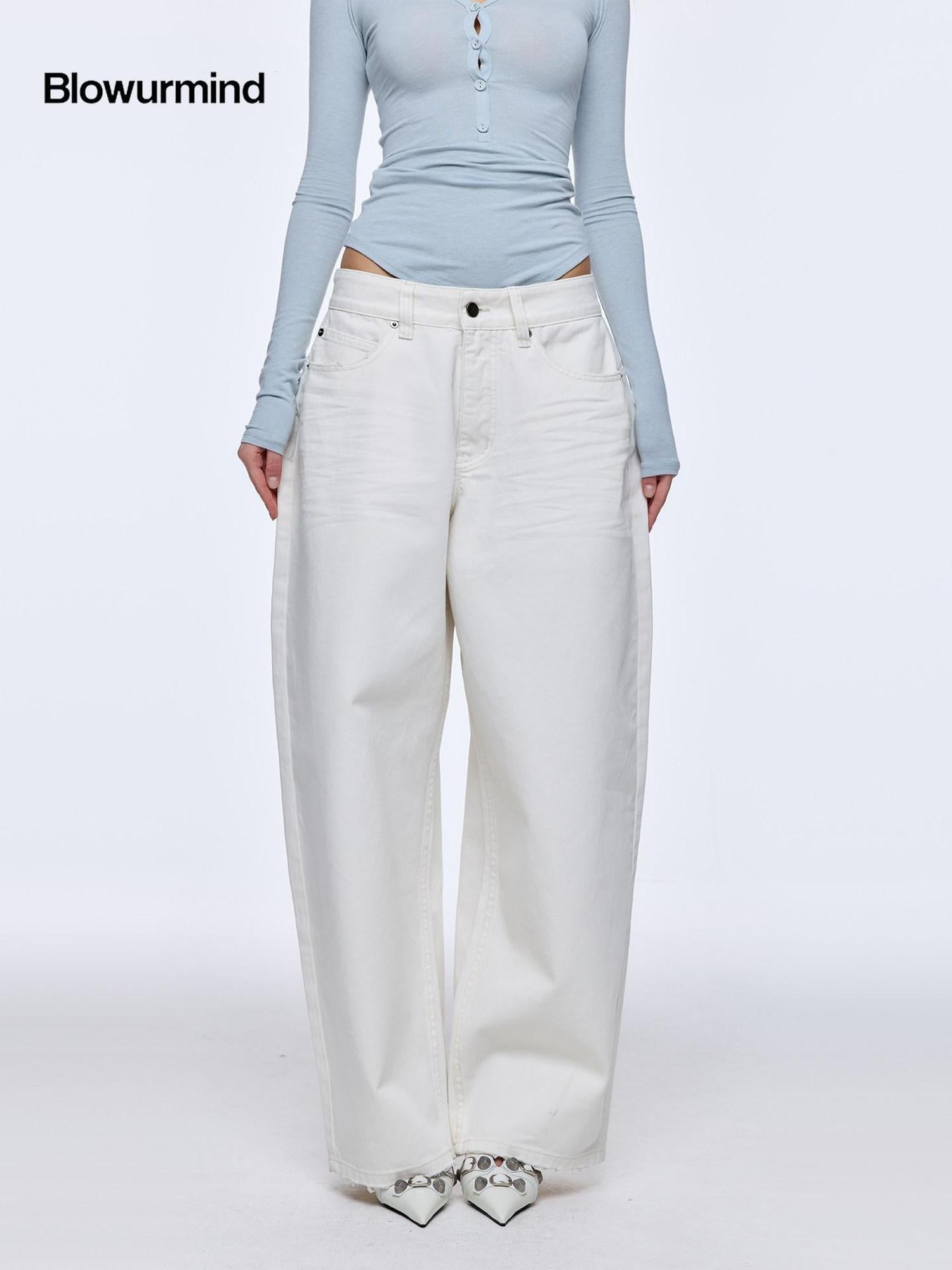 BUM STUDIO White Heavyweight Pleated Distressed Low Rise Women's Cotton Baggy Jeans
