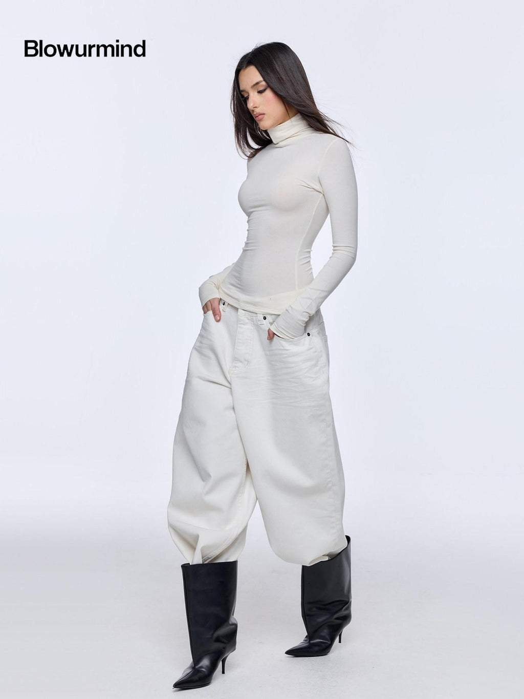 BUM STUDIO White Heavyweight Pleated Distressed Low Rise Women's Cotton Baggy Jeans