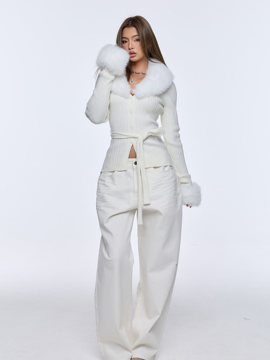 BUM STUDIO White Heavyweight Pleated Distressed Low Rise Women's Cotton Baggy Jeans