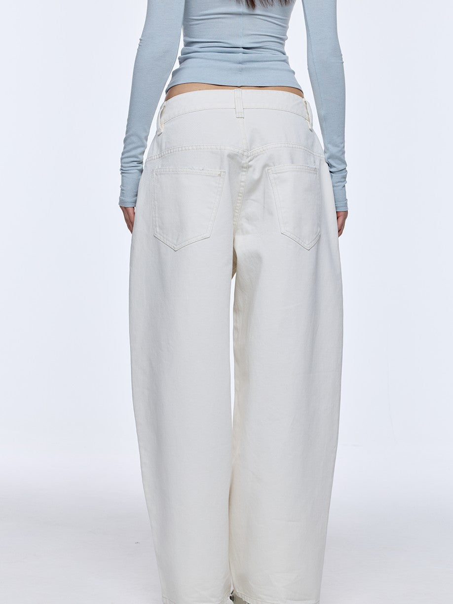 BUM STUDIO White Heavyweight Pleated Distressed Low Rise Women's Cotton Baggy Jeans
