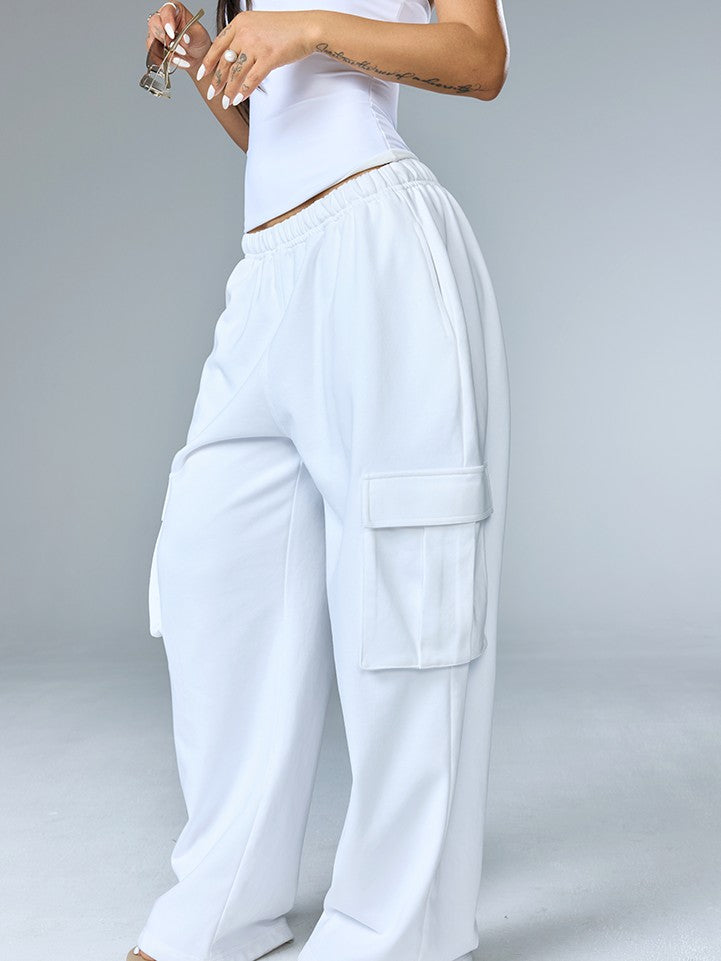 BUM STUDIO White Low Waist Curved Cut Cargo Women's Combed Cotton Blend Sweatpants