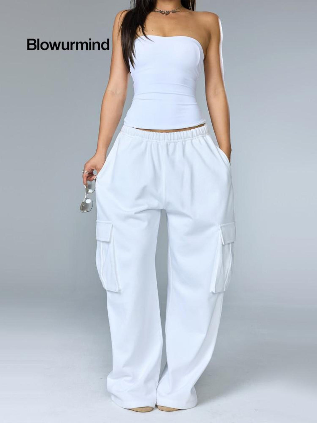 BUM STUDIO White Low Waist Curved Cut Cargo Women's Combed Cotton Blend Sweatpants