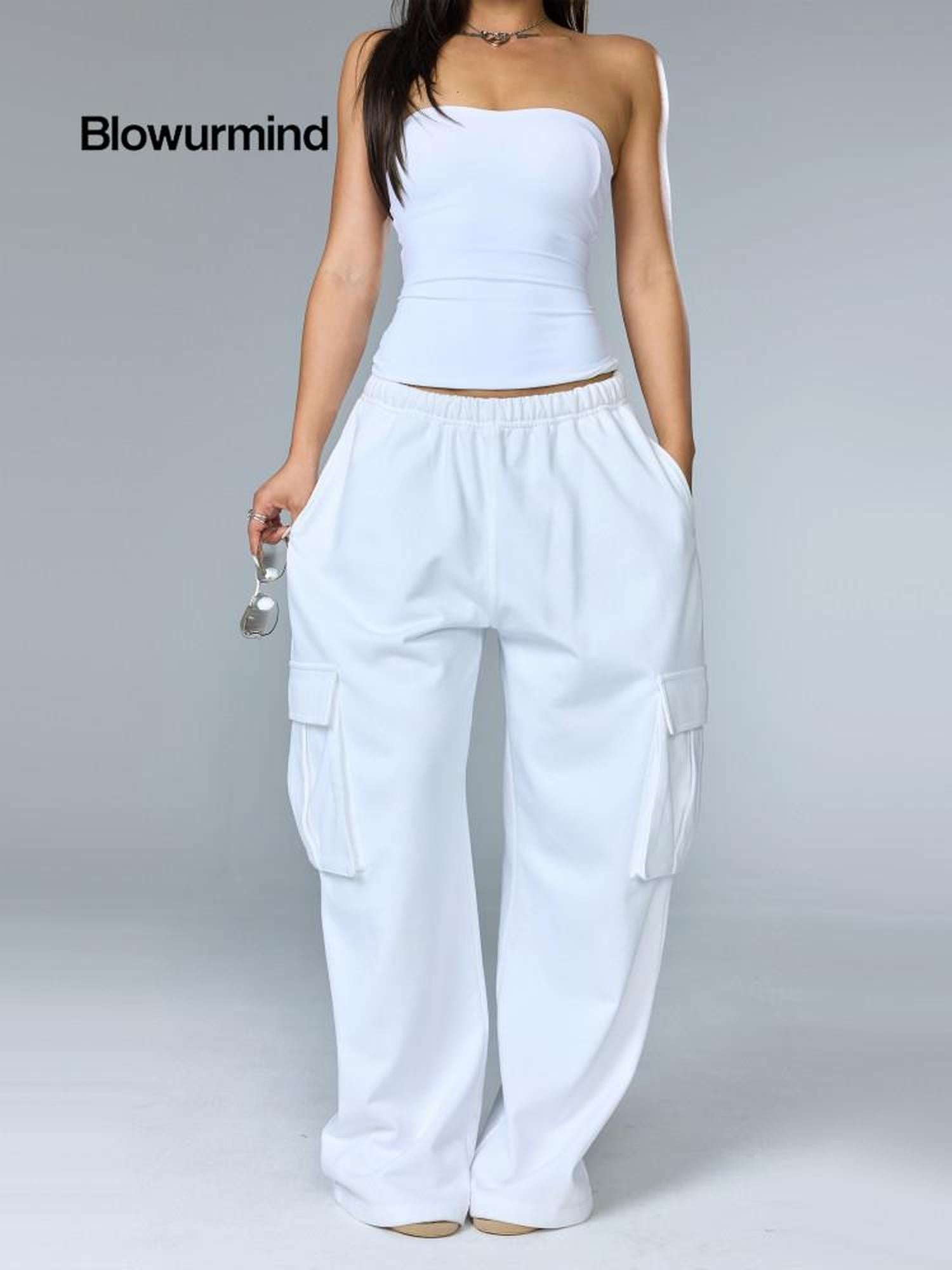 BUM STUDIO White Low Waist Curved Cut Cargo Women's Combed Cotton Blend Sweatpants