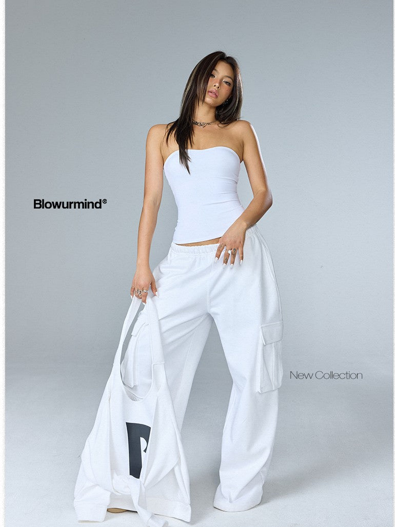BUM STUDIO White Low Waist Curved Cut Cargo Women's Combed Cotton Blend Sweatpants