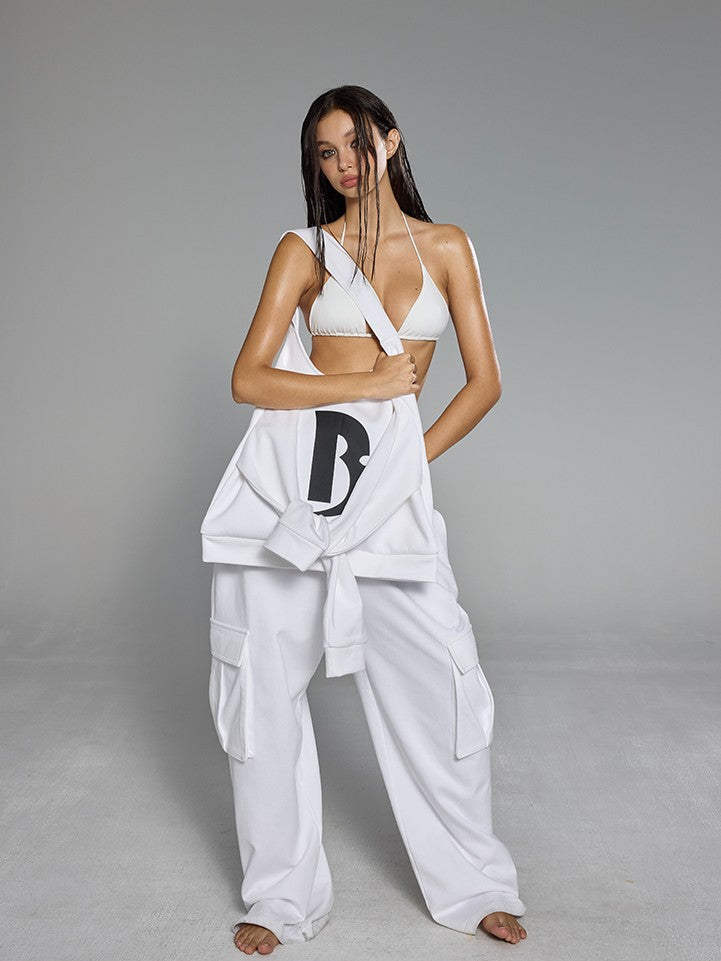 BUM STUDIO White Low Waist Curved Cut Cargo Women's Combed Cotton Blend Sweatpants