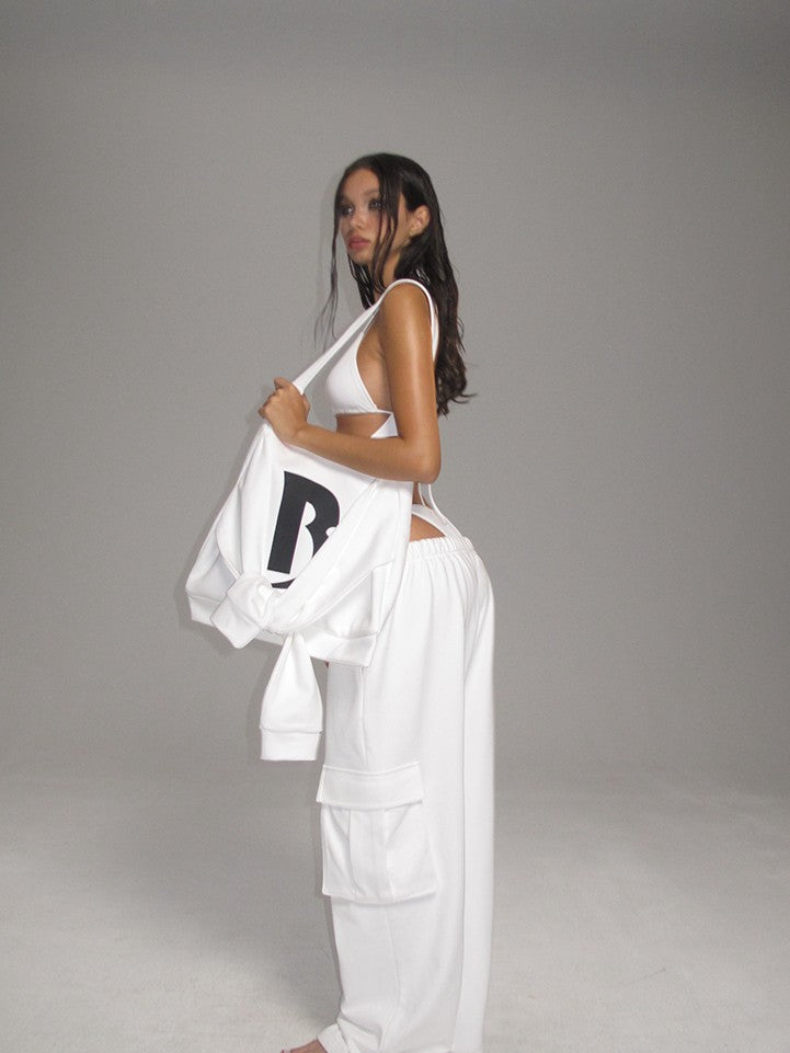 BUM STUDIO White Low Waist Curved Cut Cargo Women's Combed Cotton Blend Sweatpants