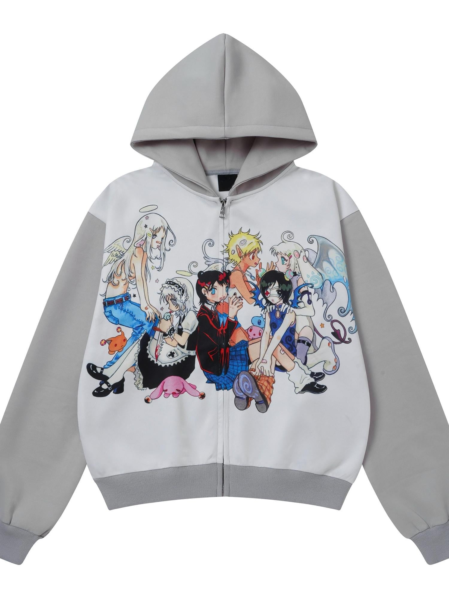 BlackBerry Angel Rebel Cartoon Graphic Loose Fit Women's Cotton Zip-up Hoodies