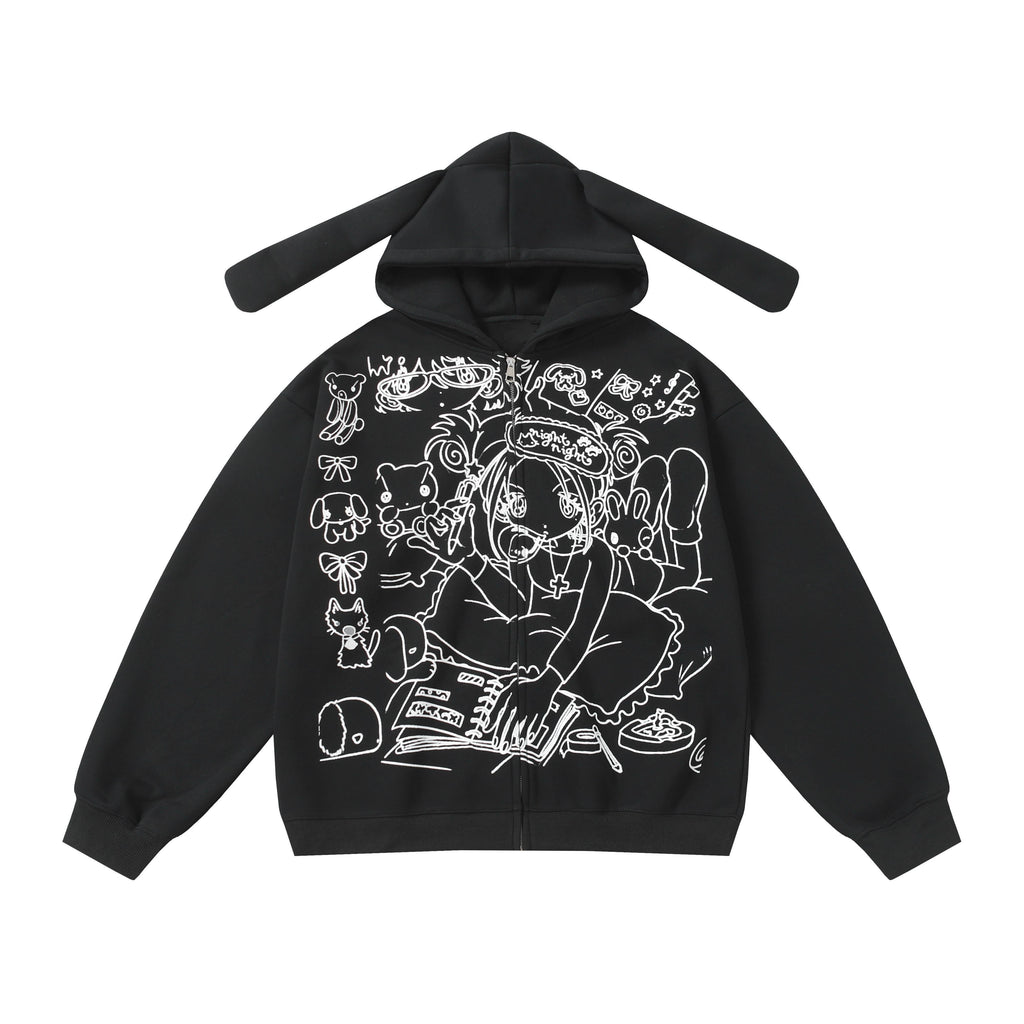 BlackBerry_Black_Rabbit_Ear_Hood_Cartoon_Print_Street_Loose_Fit_Women's_Zip-up_Hoodies_966911796686_MISSTT