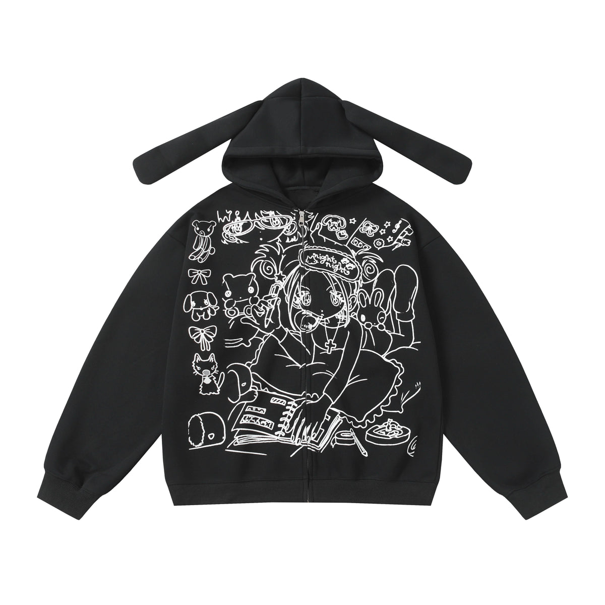 BlackBerry_Black_Rabbit_Ear_Hood_Cartoon_Print_Street_Loose_Fit_Women's_Zip-up_Hoodies_966911796686_MISSTT