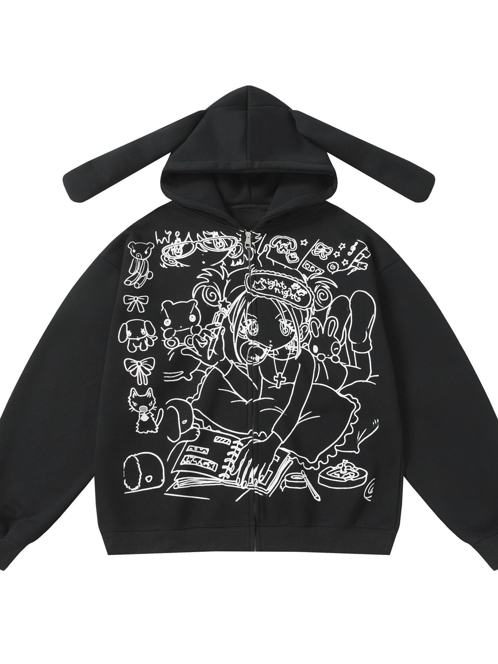 BlackBerry Black Rabbit Ear Hood Cartoon Print Street Loose Fit Women's Zip-up Hoodies