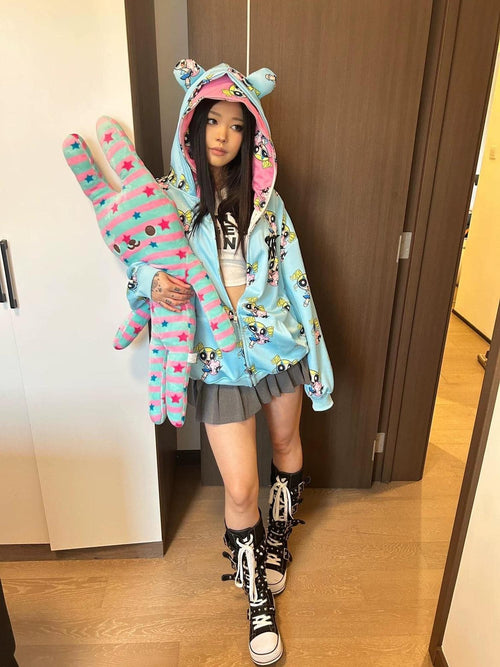 BlackBerry Blue Pink Cartoon Bubble Double Hood Loose Women's Zip-up Hoodies