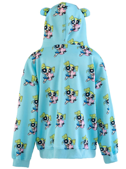 BlackBerry Blue Pink Cartoon Bubble Double Hood Loose Women's Zip-up Hoodies