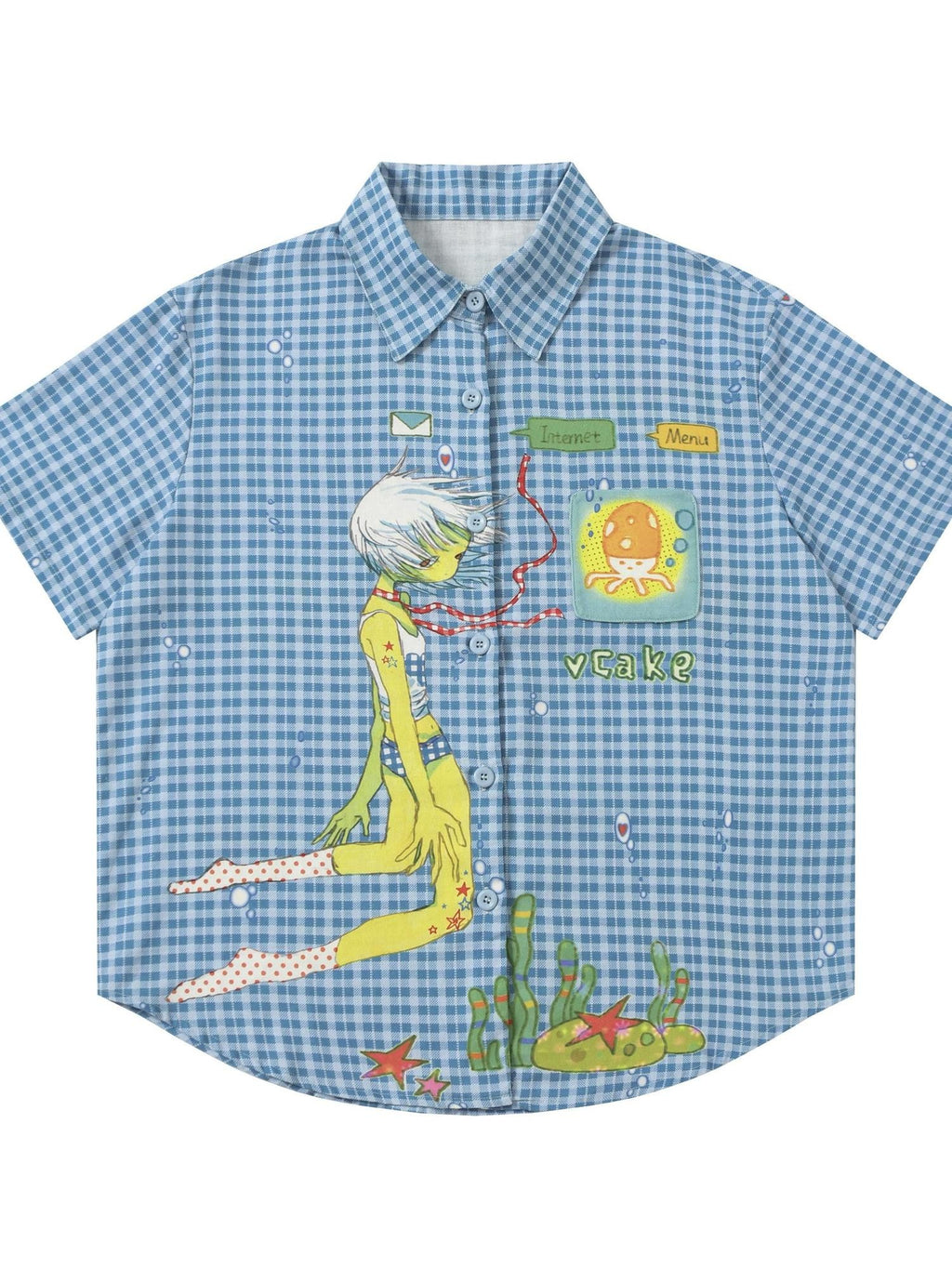 BlackBerry Blue Plaid Short Sleeve Loose Fit Cotton Women's Shirts