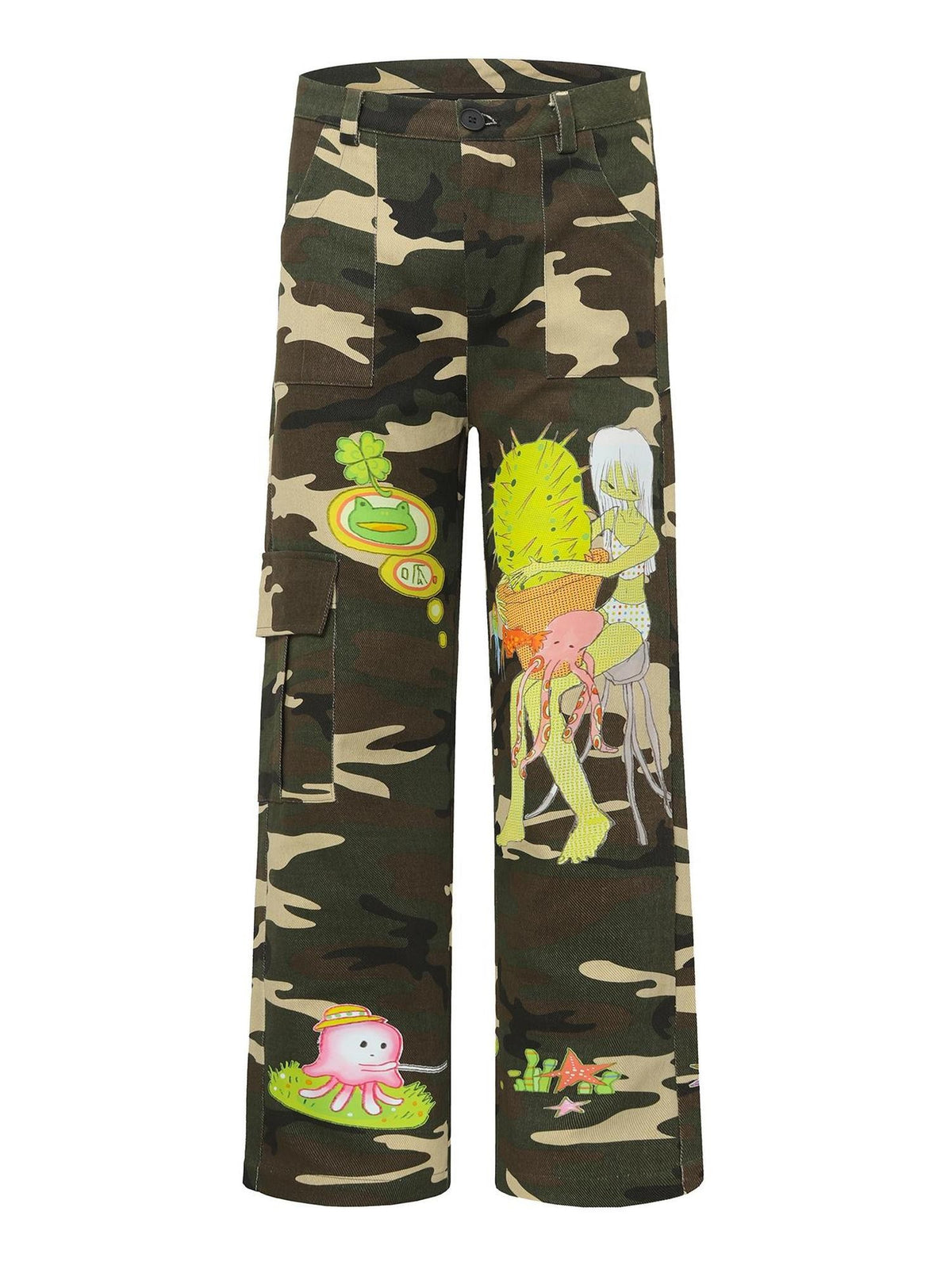 BlackBerry Camo Octopus Print Loose Straight Mid Rise Zip Fly Women's Cargo Pants