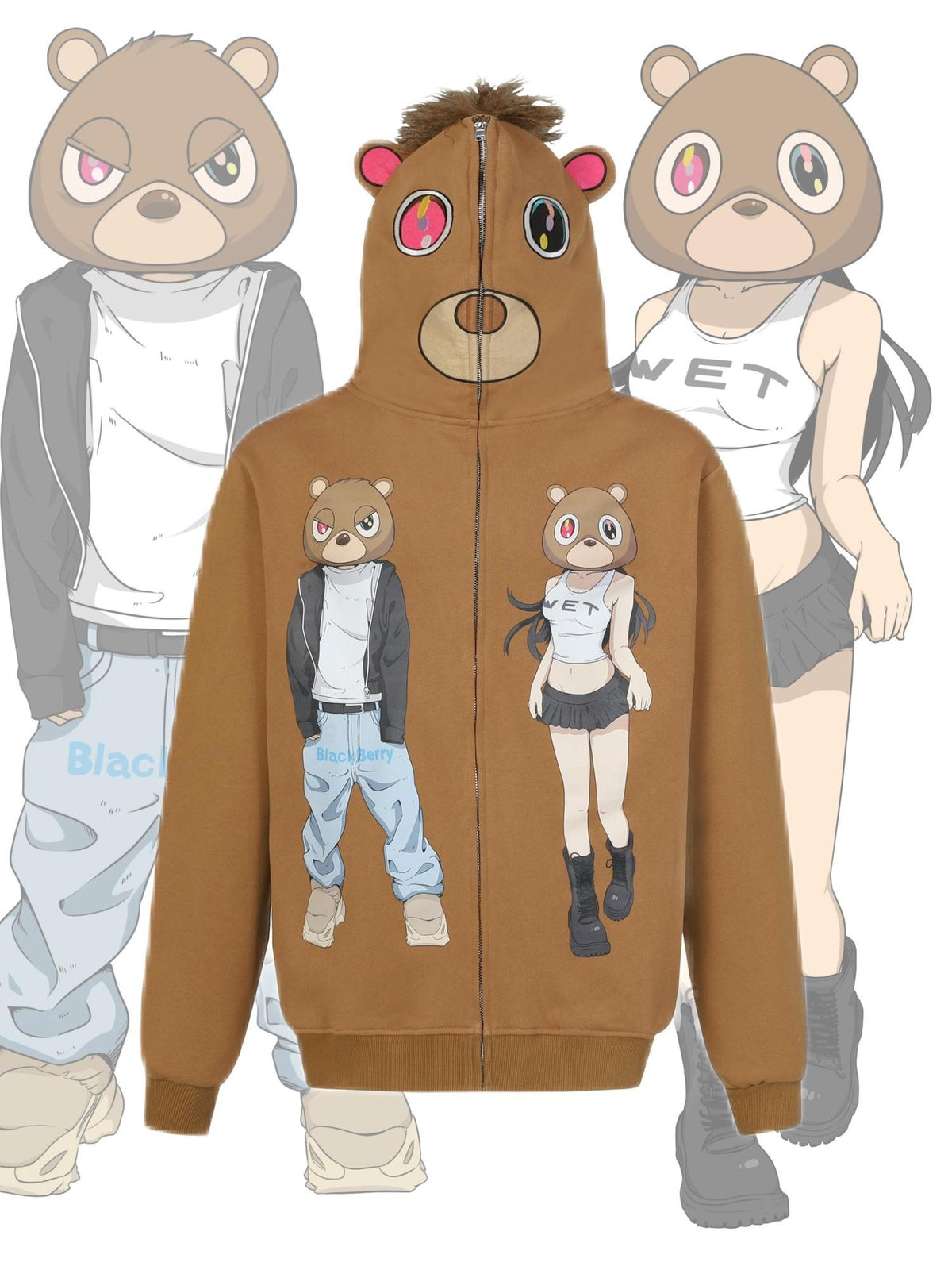 BlackBerry Cartoon Bear Print Loose Oversized Women's 420g Cotton Terry Zip-up Hoodies