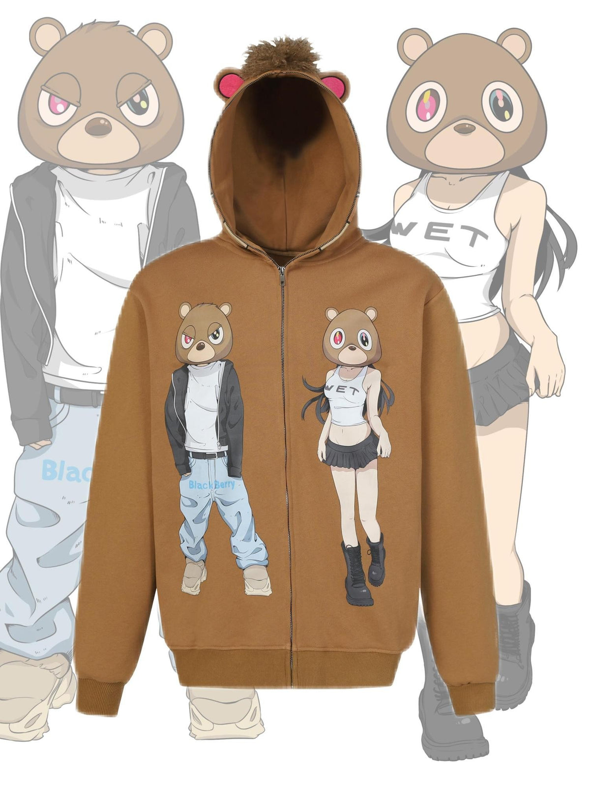 BlackBerry Cartoon Bear Print Loose Oversized Women's 420g Cotton Terry Zip-up Hoodies