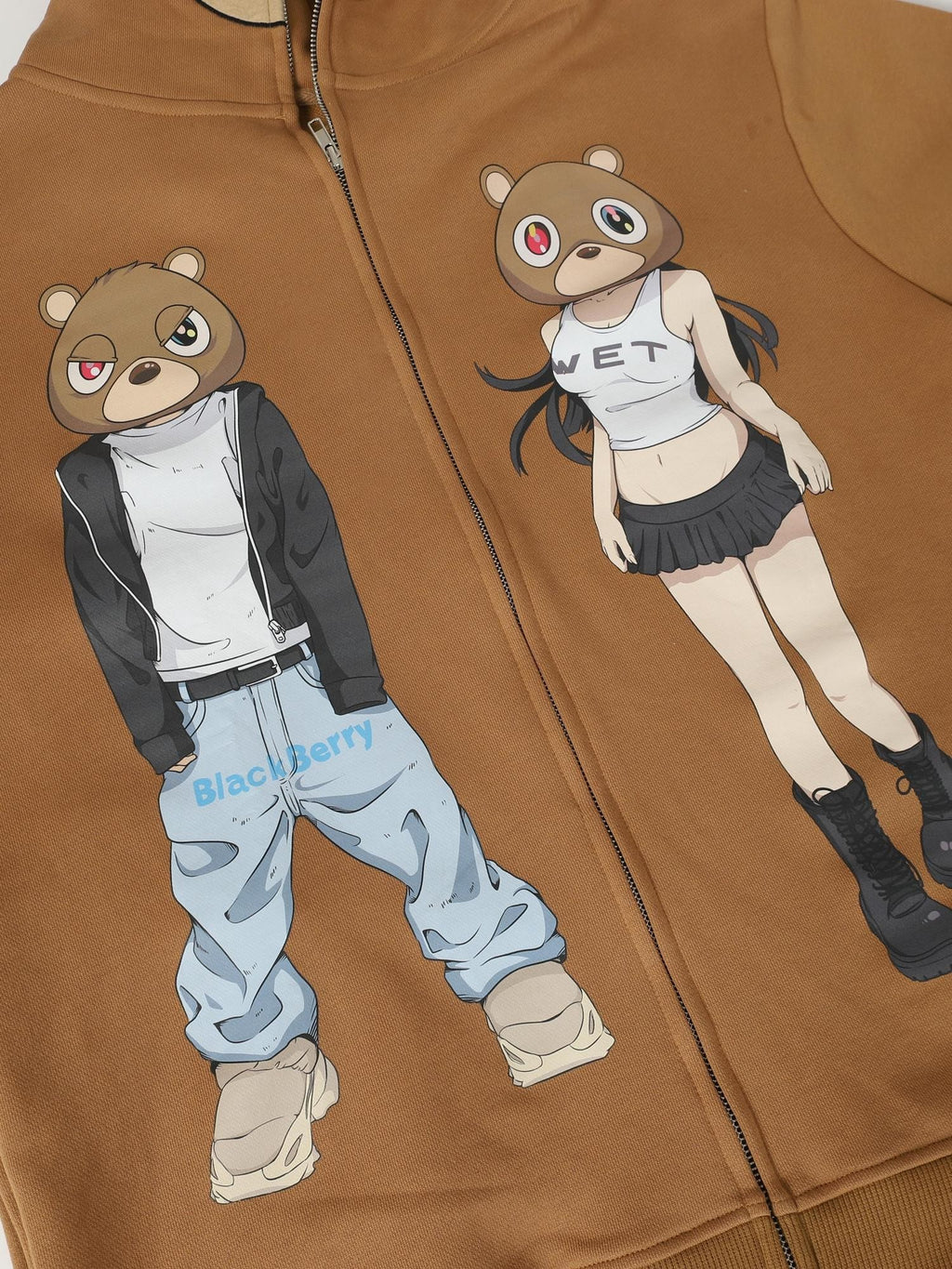 BlackBerry Cartoon Bear Print Loose Oversized Women's 420g Cotton Terry Zip-up Hoodies