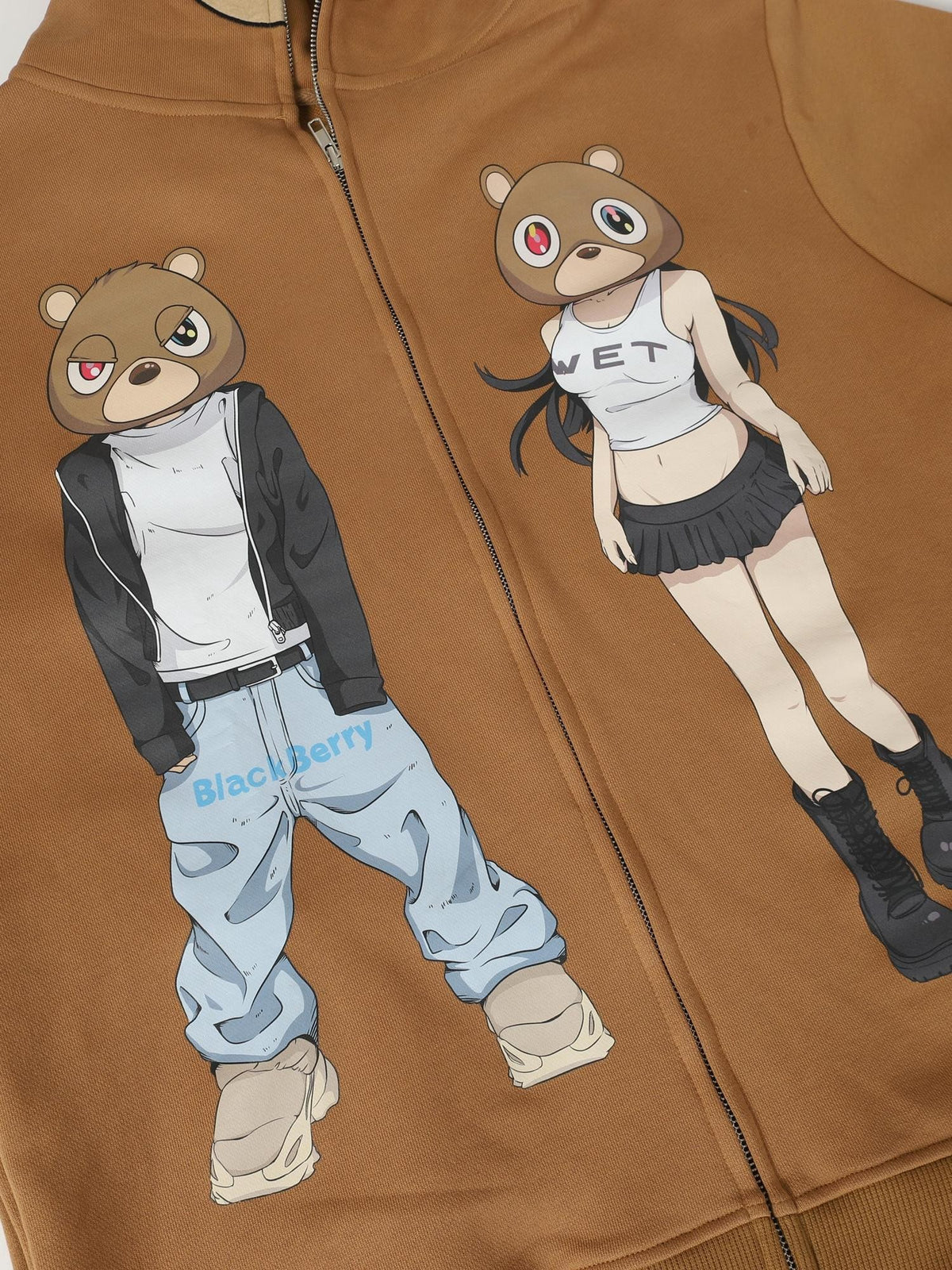 BlackBerry Cartoon Bear Print Loose Oversized Women's 420g Cotton Terry Zip-up Hoodies