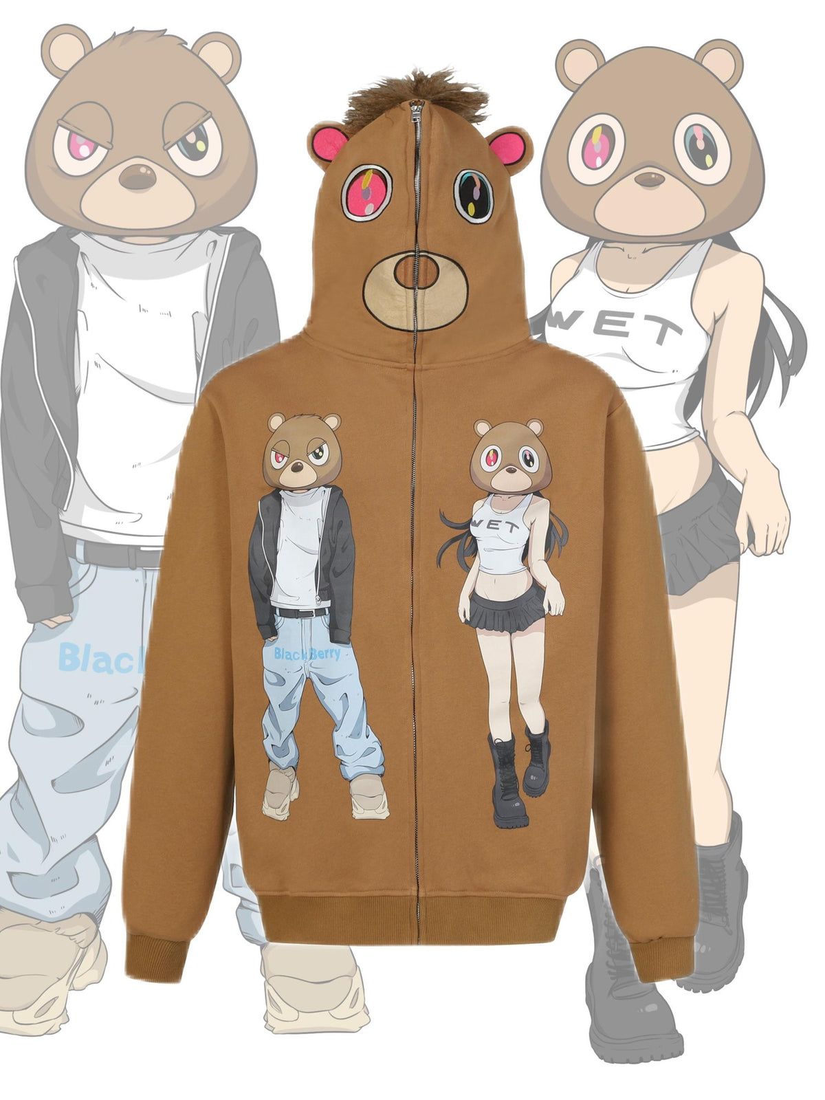 BlackBerry Cartoon Bear Print Loose Oversized Women's 420g Cotton Terry Zip-up Hoodies