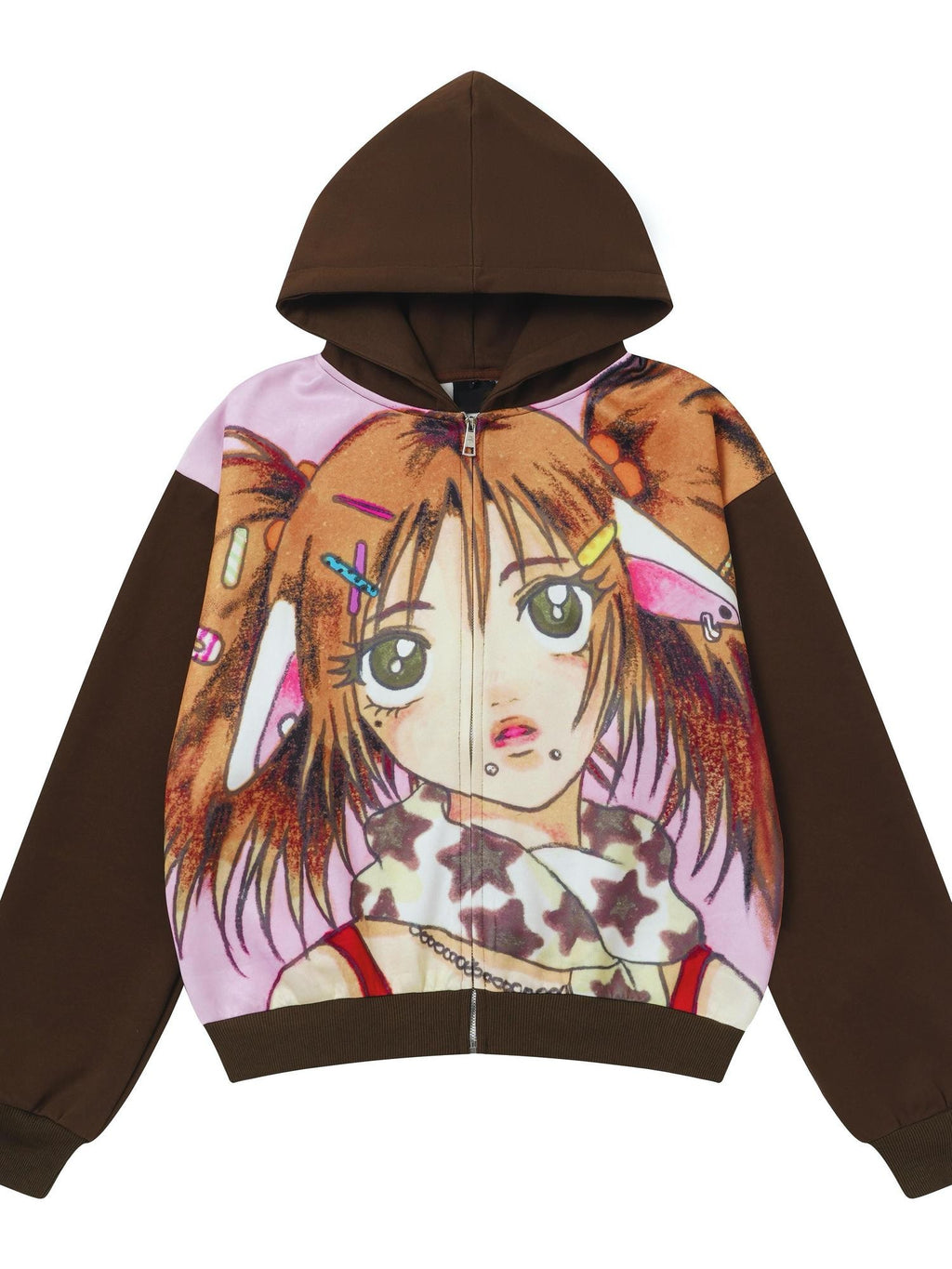 BlackBerry Chocolate Girl Cartoon Print Collab Loose Fit Women's Zip-up Hoodies