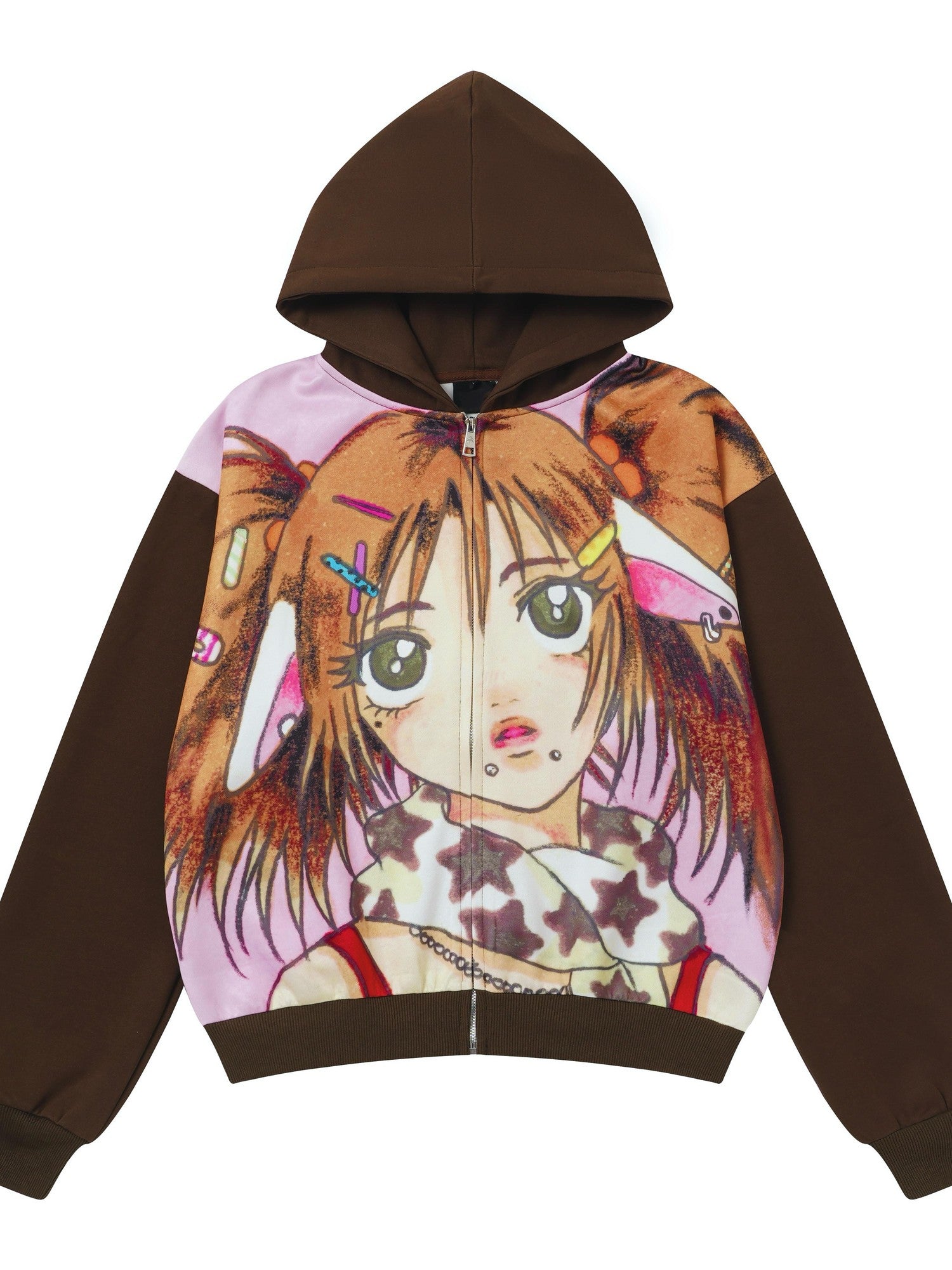 BlackBerry Chocolate Girl Cartoon Print Collab Loose Fit Women's Zip-up Hoodies