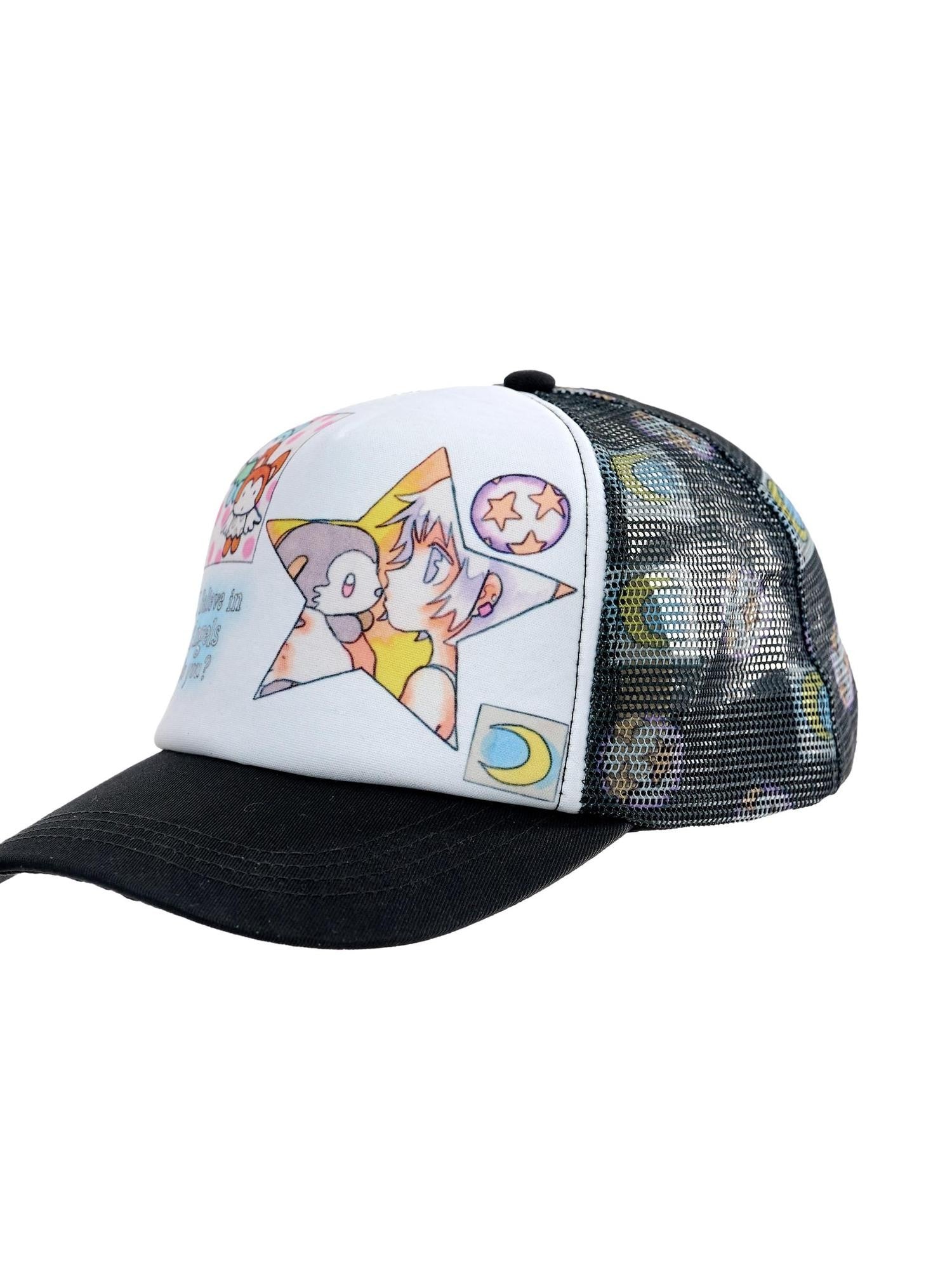 BlackBerry Cute Angel Cartoon Print Trucker Women's Cotton Baseball Caps