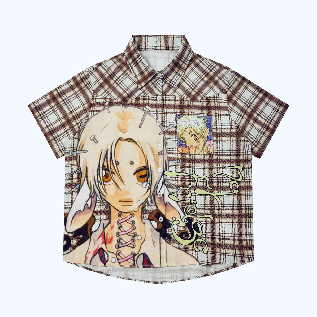 BlackBerry_Distressed_Plaid_Loose_Fit_Short_Sleeve_Collared_Buttoned_Women's_Cotton_Shirts_1054686541009_MISSTT