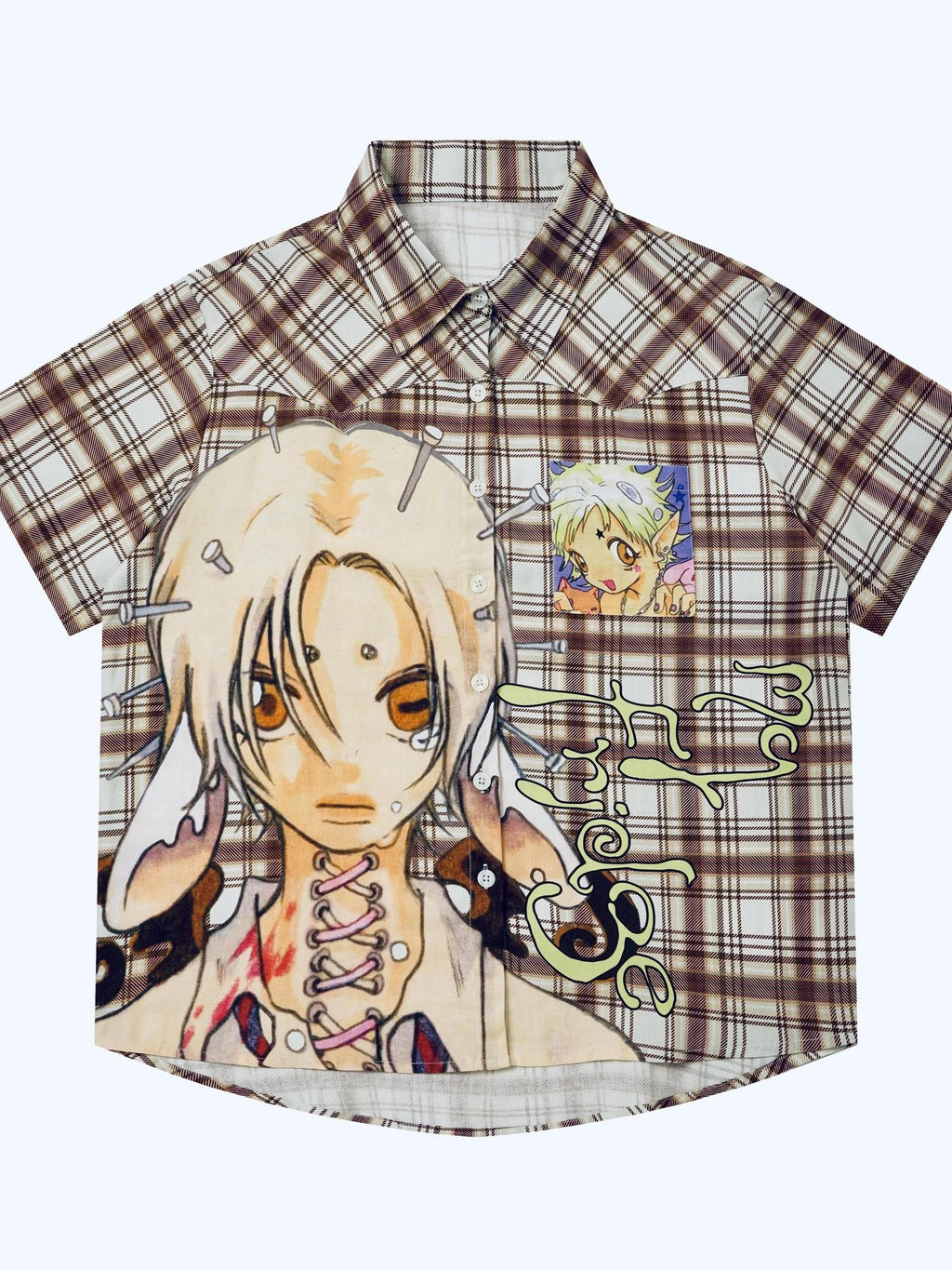 BlackBerry Distressed Plaid Loose Fit Short Sleeve Collared Buttoned Women's Cotton Shirts