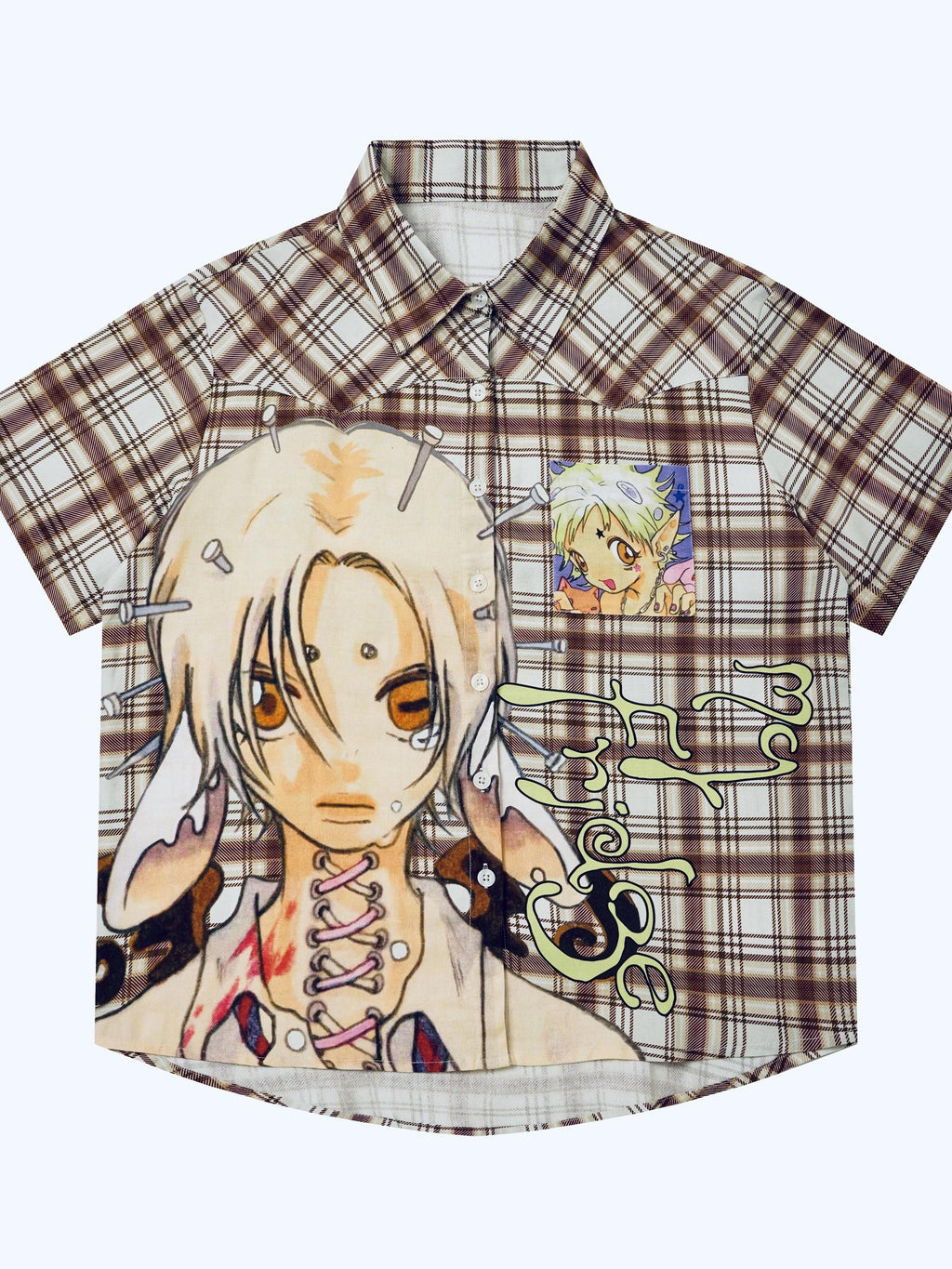 BlackBerry Distressed Plaid Loose Fit Short Sleeve Collared Buttoned Women's Cotton Shirts