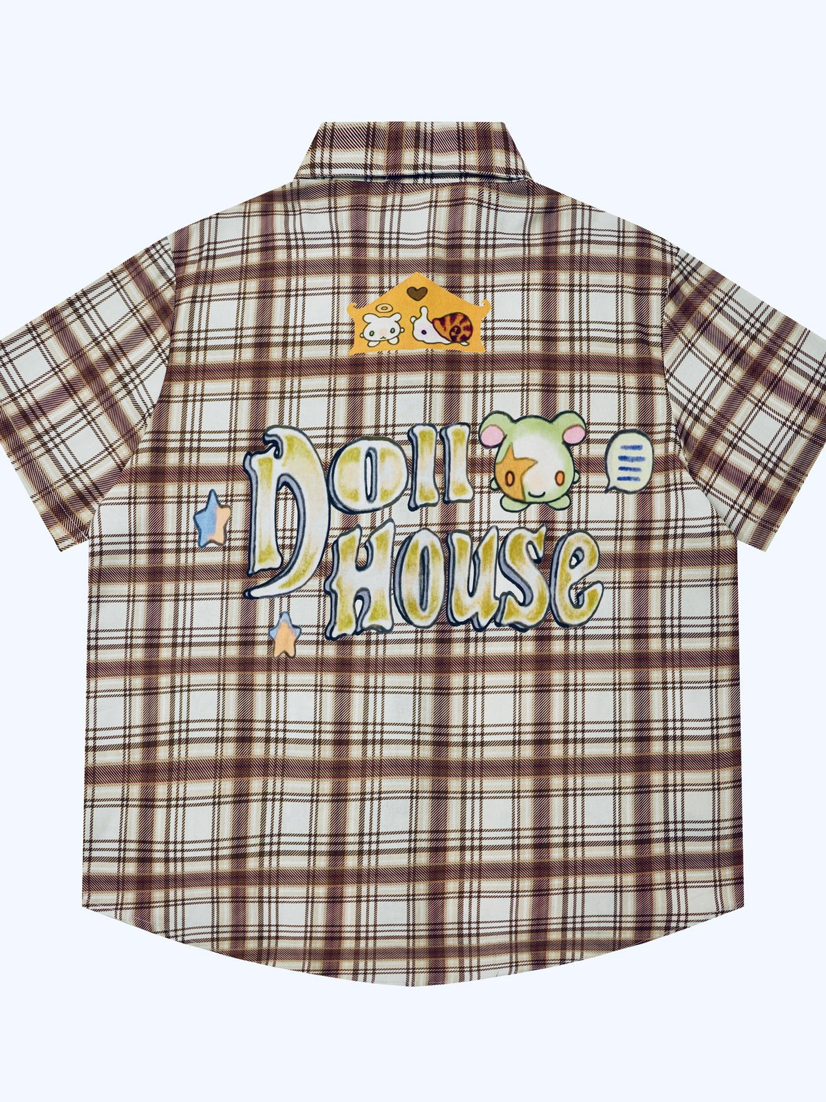 BlackBerry Distressed Plaid Loose Fit Short Sleeve Collared Buttoned Women's Cotton Shirts