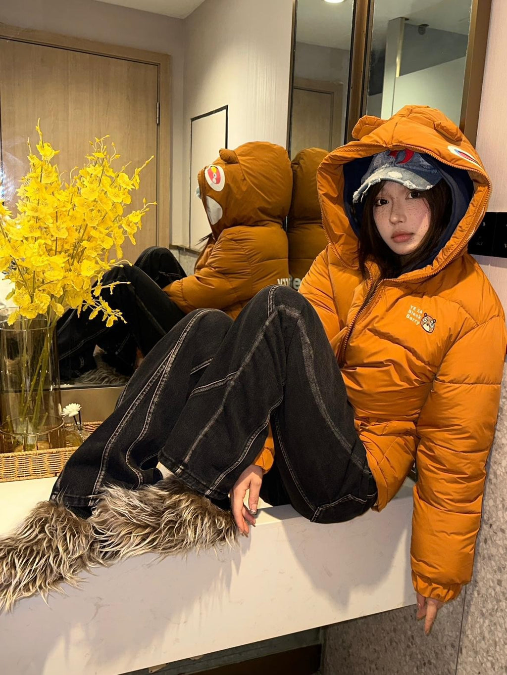 BlackBerry Embroidered Bear Full Zipper Heavyweight Women's Down Cotton Puffer Jackets