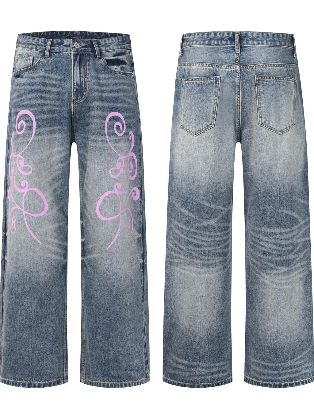 BlackBerry Fuchsia Swirl Vine Print Women's Lightweight Thin Denim Straight-leg Jeans