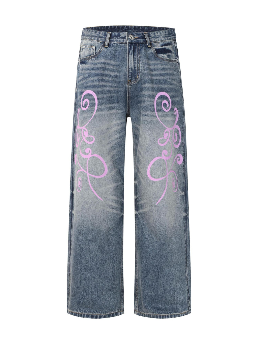 BlackBerry Fuchsia Swirl Vine Print Women's Lightweight Thin Denim Straight-leg Jeans