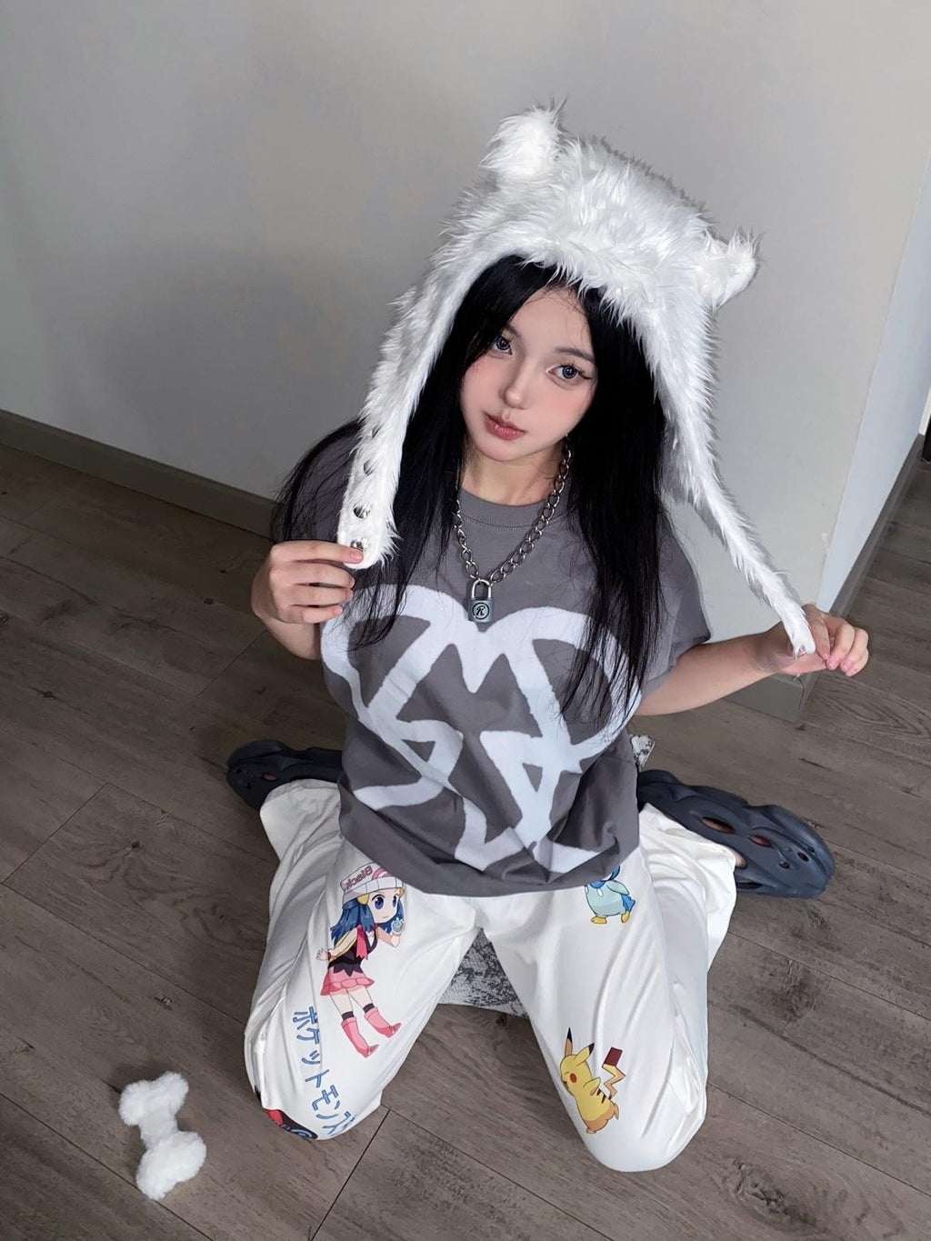 BlackBerry Girlish Cartoon Pet Character Print Women's Straight-leg Jeans