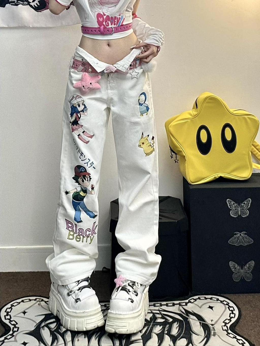 BlackBerry Girlish Cartoon Pet Character Print Women's Straight-leg Jeans