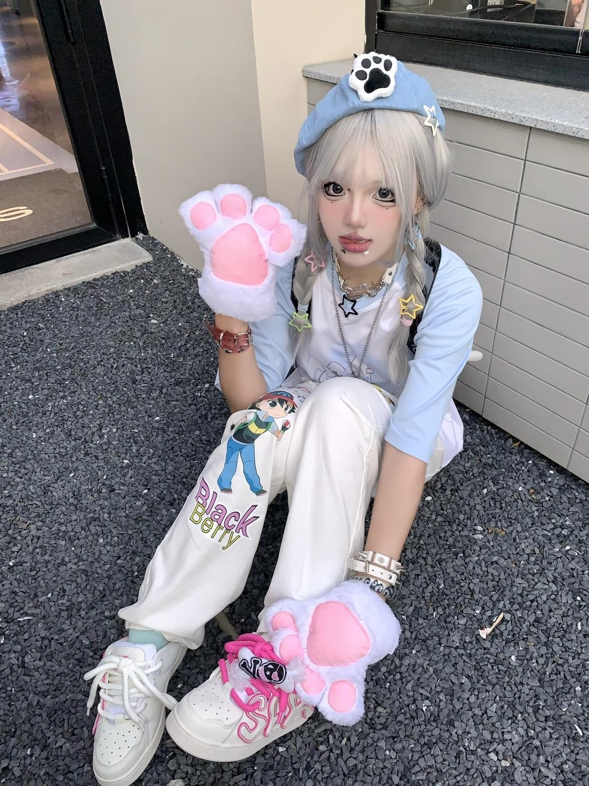 BlackBerry Girlish Cartoon Pet Character Print Women's Straight-leg Jeans