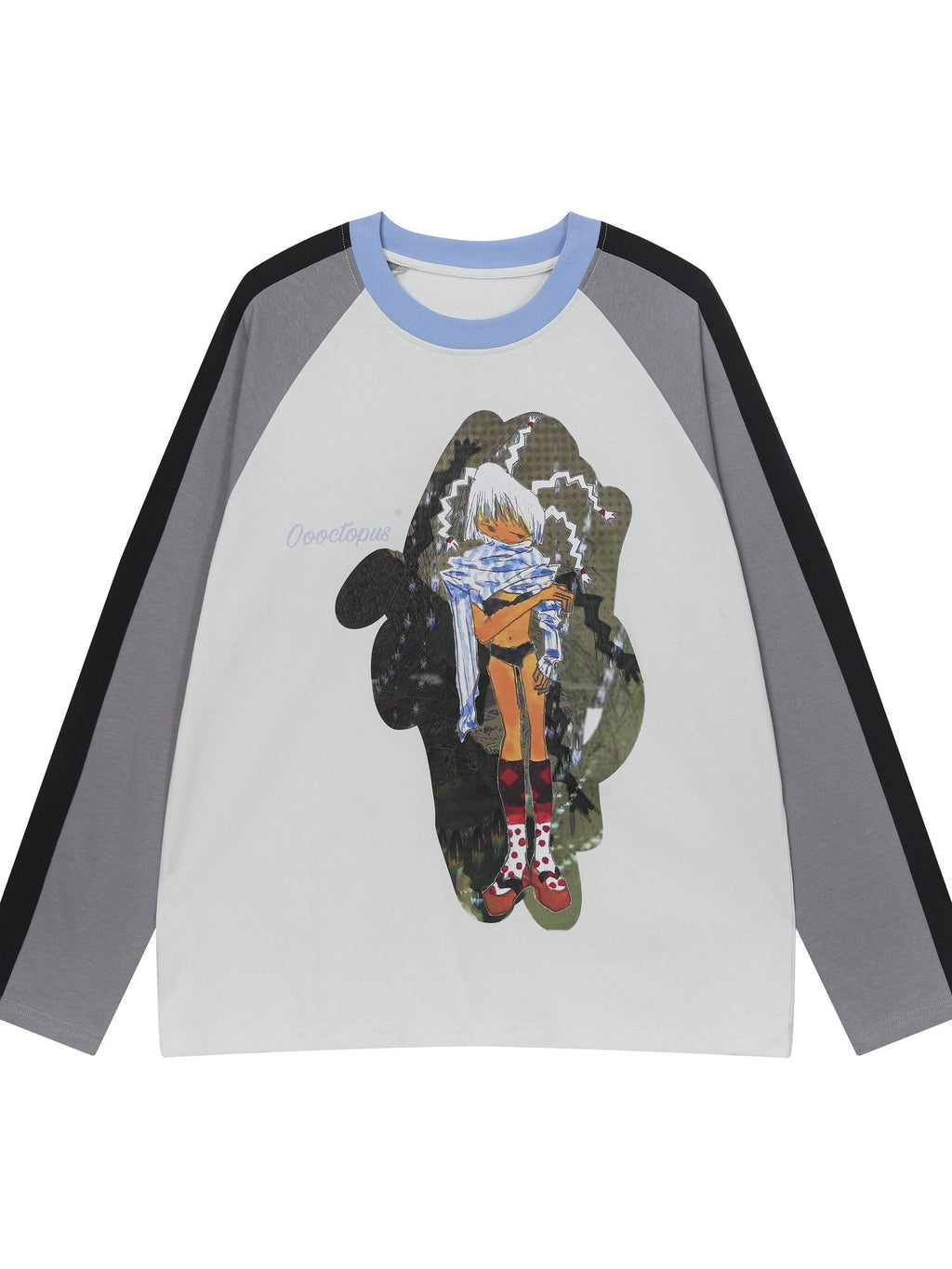 BlackBerry Gray Black Blue Patchwork Character Print Raglan Women's Cotton Long Sleeve T-shirts