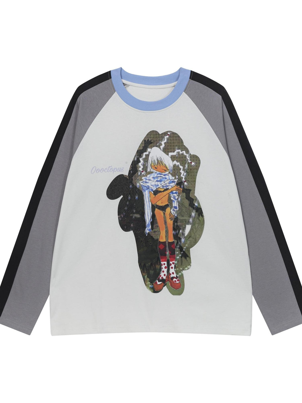 BlackBerry Gray Black Blue Patchwork Character Print Raglan Women's Cotton Long Sleeve T-shirts