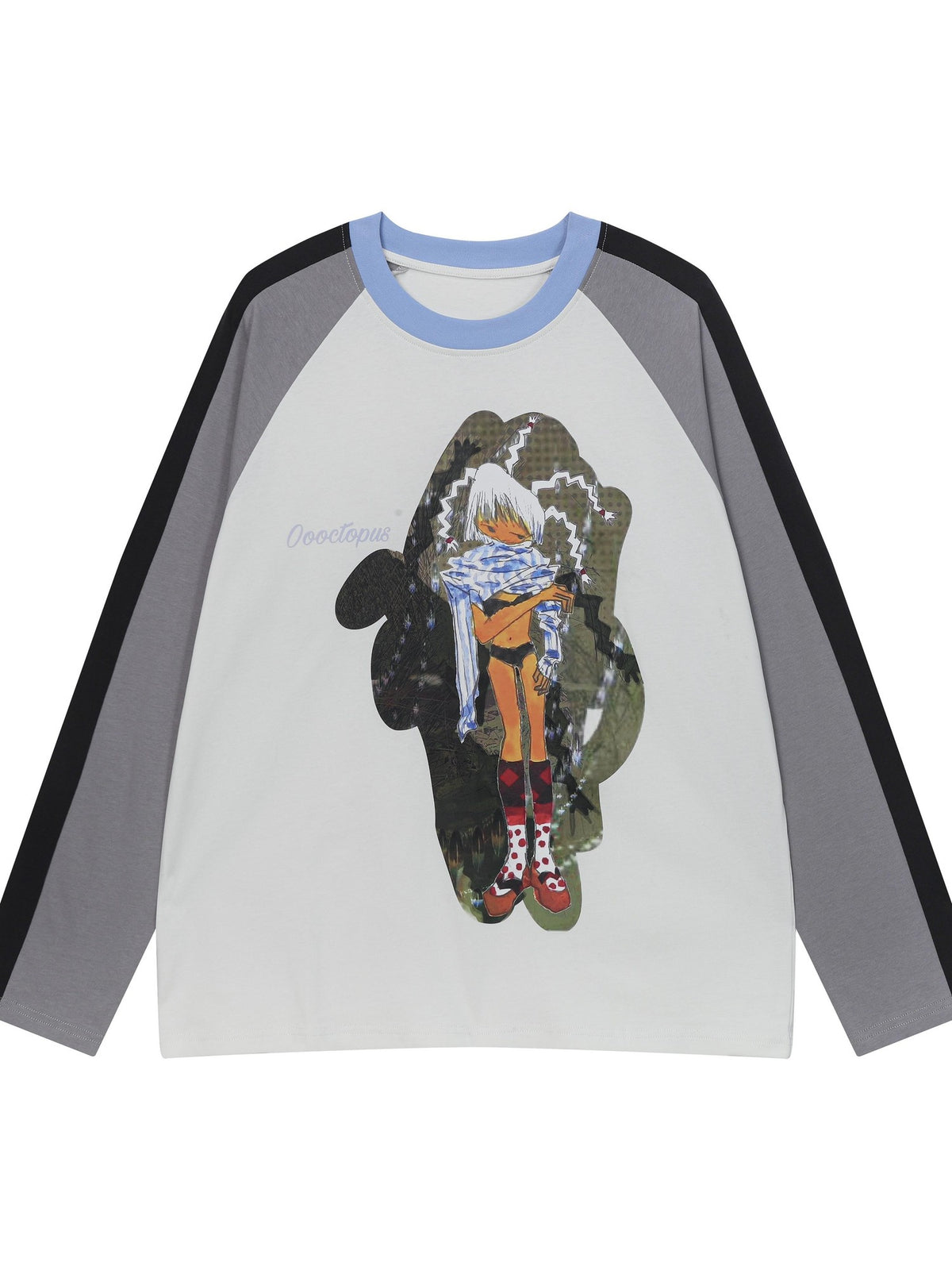 BlackBerry Gray Black Blue Patchwork Character Print Raglan Women's Cotton Long Sleeve T-shirts