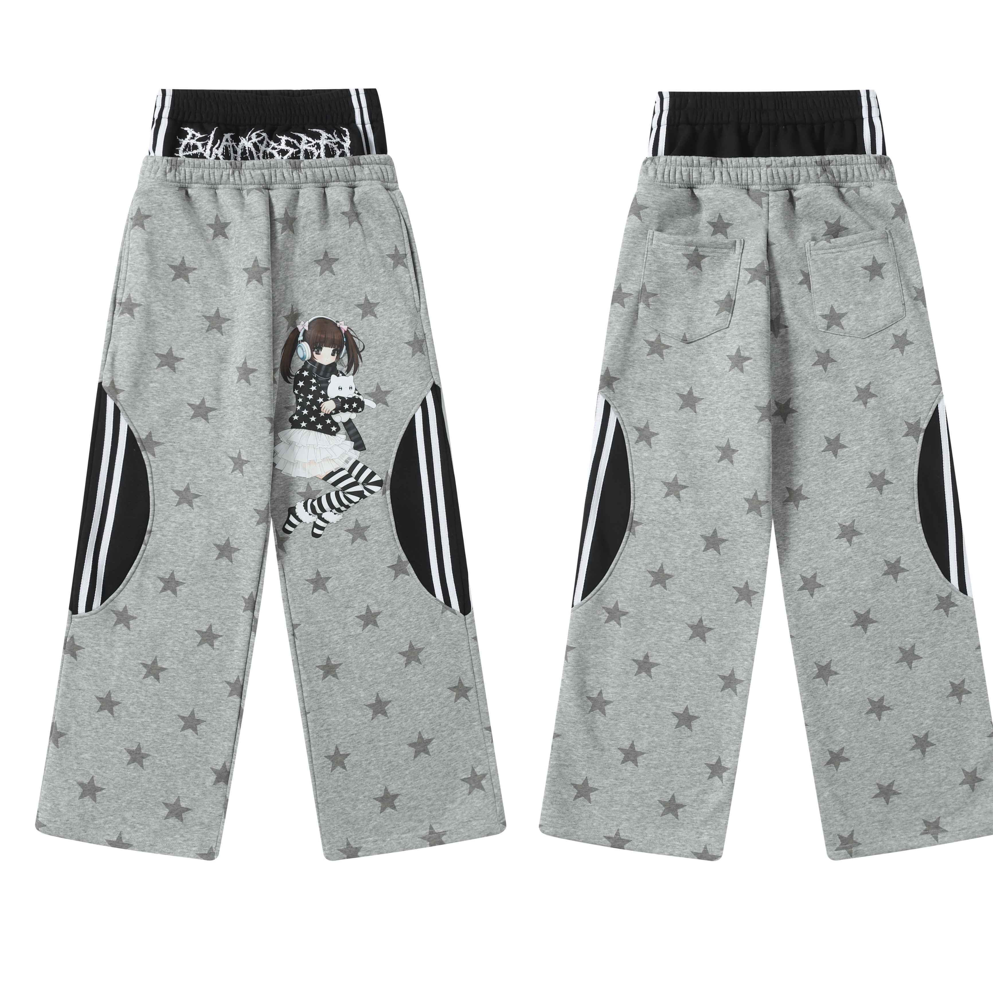 BlackBerry_Gray_Cartoon_Star_Cat_Faux_Two_Piece_Spliced_Women's_Fleece_Lined_Sweatpants_997576940457_MISSTT