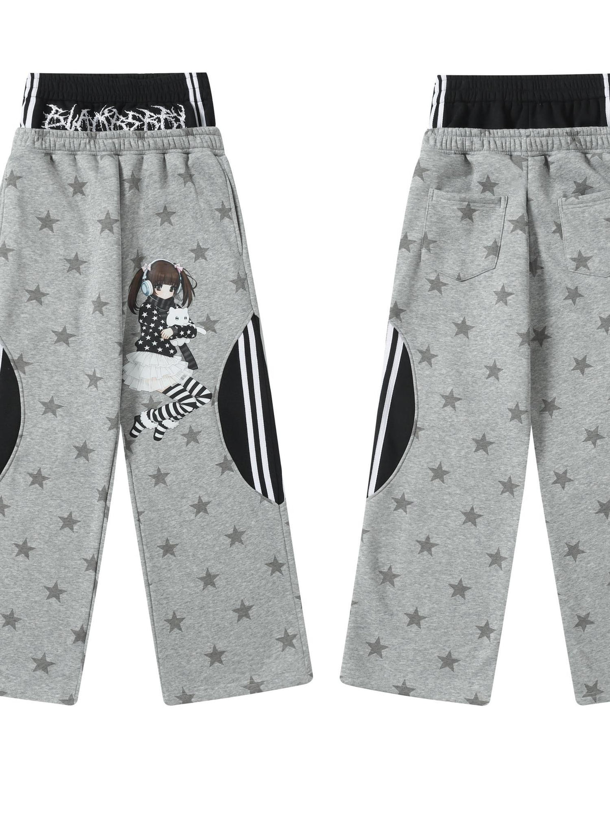 BlackBerry Gray Cartoon Star Cat Faux Two Piece Spliced Women's Fleece Lined Sweatpants