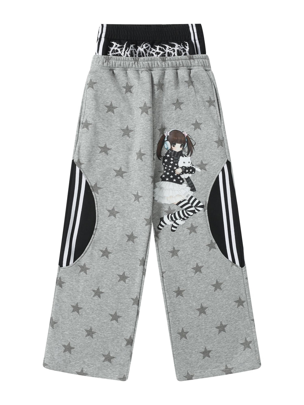 BlackBerry Gray Cartoon Star Cat Faux Two Piece Spliced Women's Fleece Lined Sweatpants