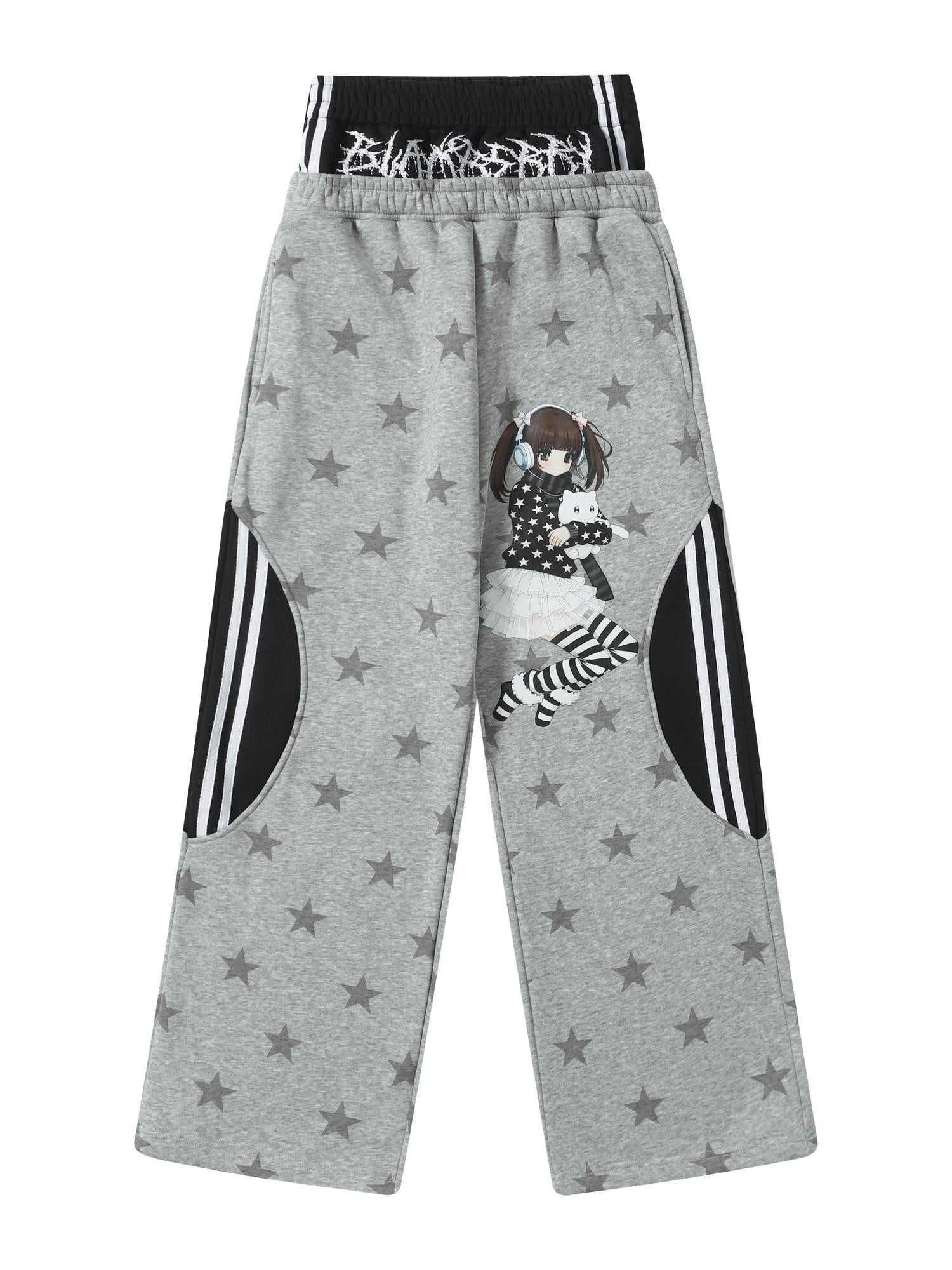 BlackBerry Gray Cartoon Star Cat Faux Two Piece Spliced Women's Fleece Lined Sweatpants