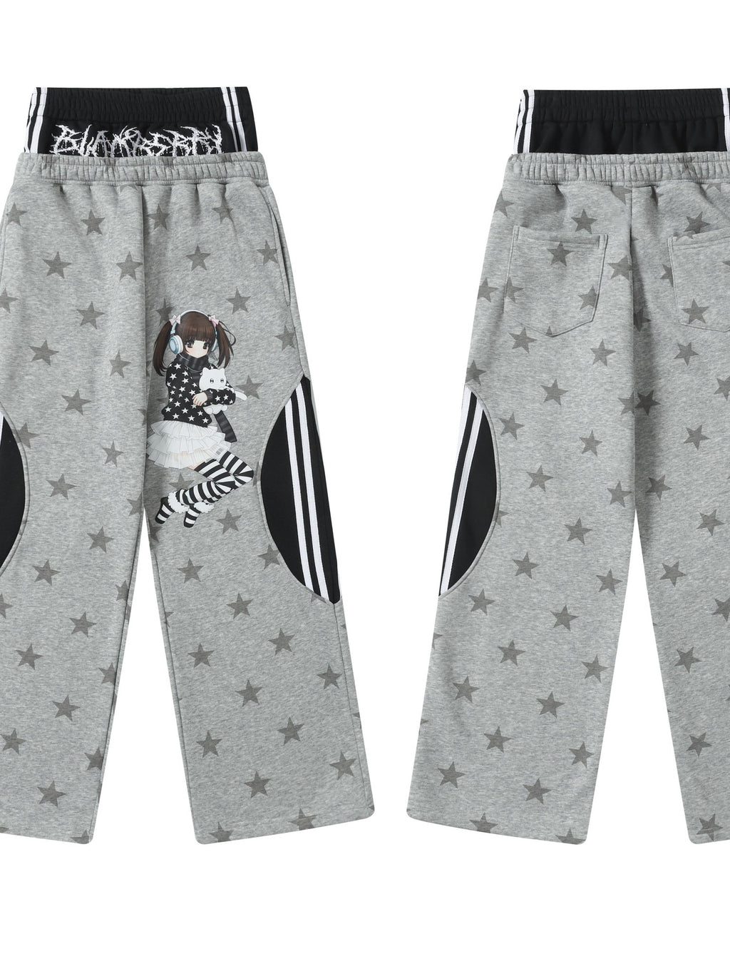 BlackBerry Gray Cartoon Star Cat Faux Two Piece Spliced Women's Fleece Lined Sweatpants